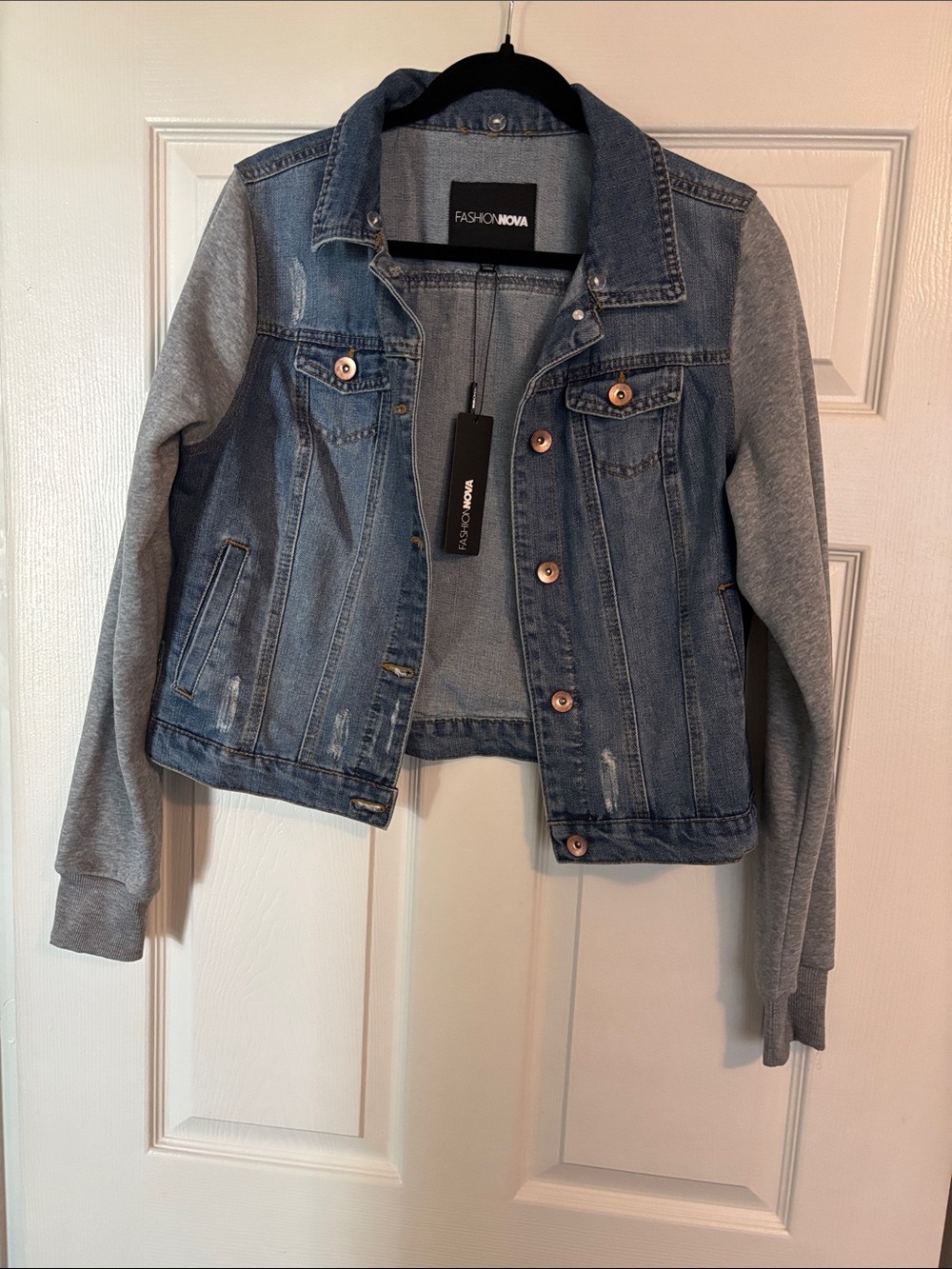 Fashion Nova Blue Denim Jacket with Gray Knit Sleeves